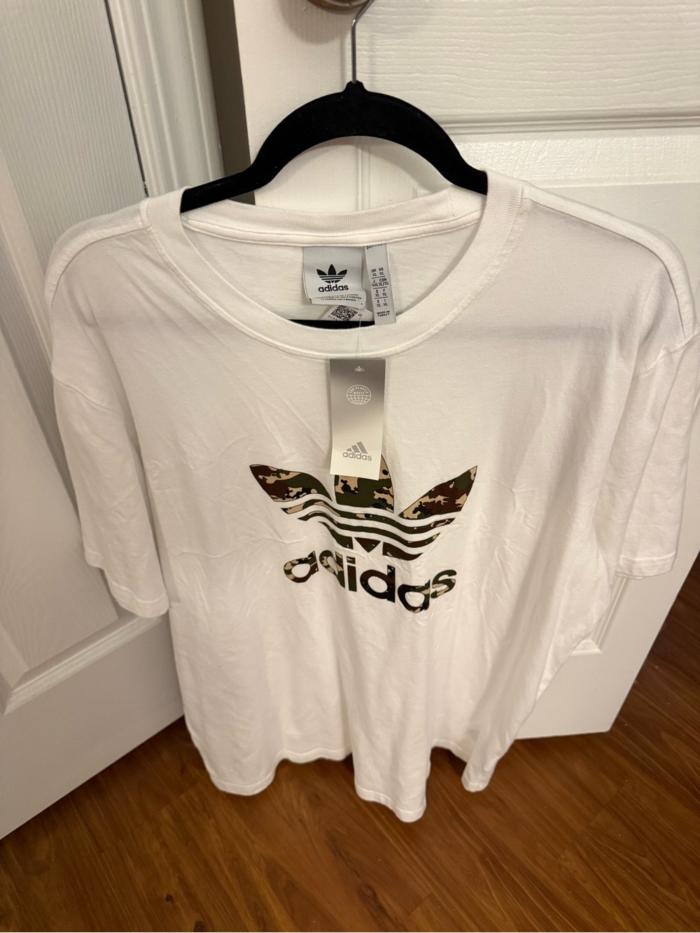 adidas White Short-Sleeve Trefoil Tee with Camo Logo